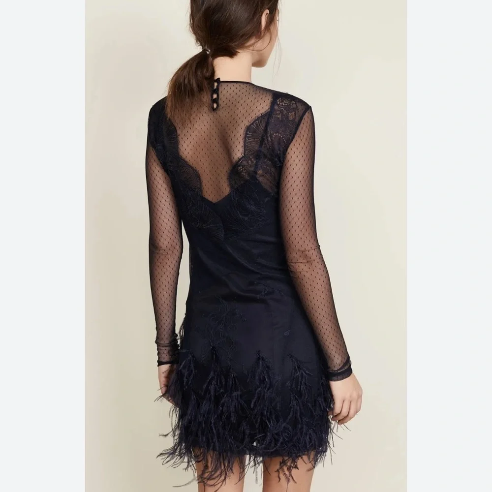 Cinq A Sept Amabella Embroidered Cocktail Dress Ditsy Mesh Feathered Hem size 4 - Picture 7 of 9